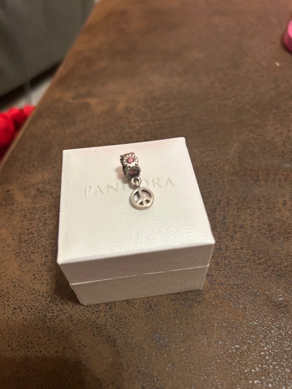 Pandora Silver Peace Sign Dangle Charm with Pink Flower Accent